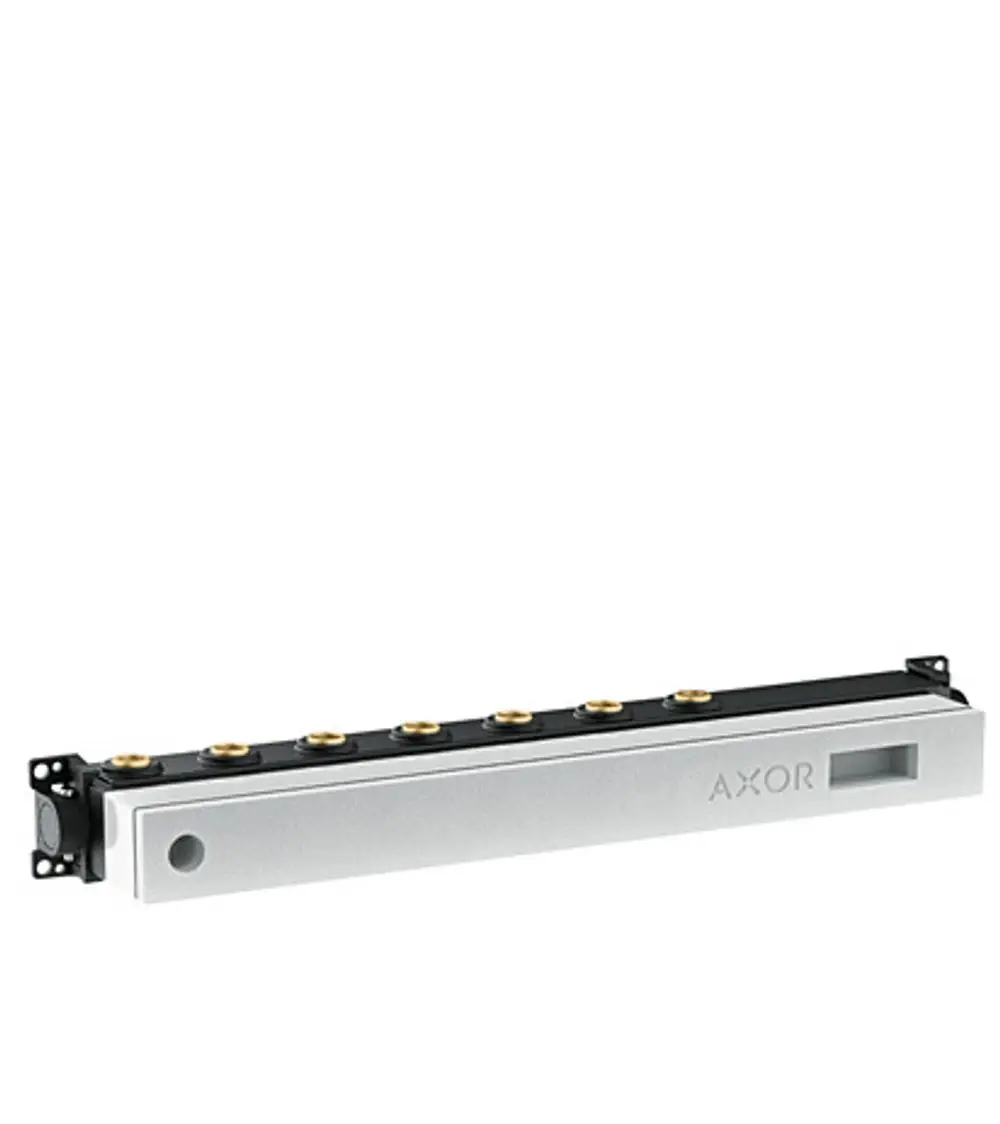 Grundkörper für Thermostatmodul mit mehreren Anschlüssen, hergestellt von AXOR. Das Produkt hat ein schlankes Design in heller Farbe.